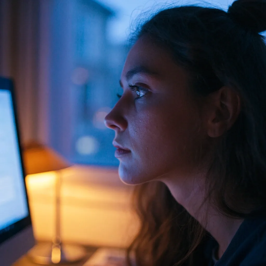 A man sitting sideways at a desk in the late afternoon, looking away from a closed laptop toward a window