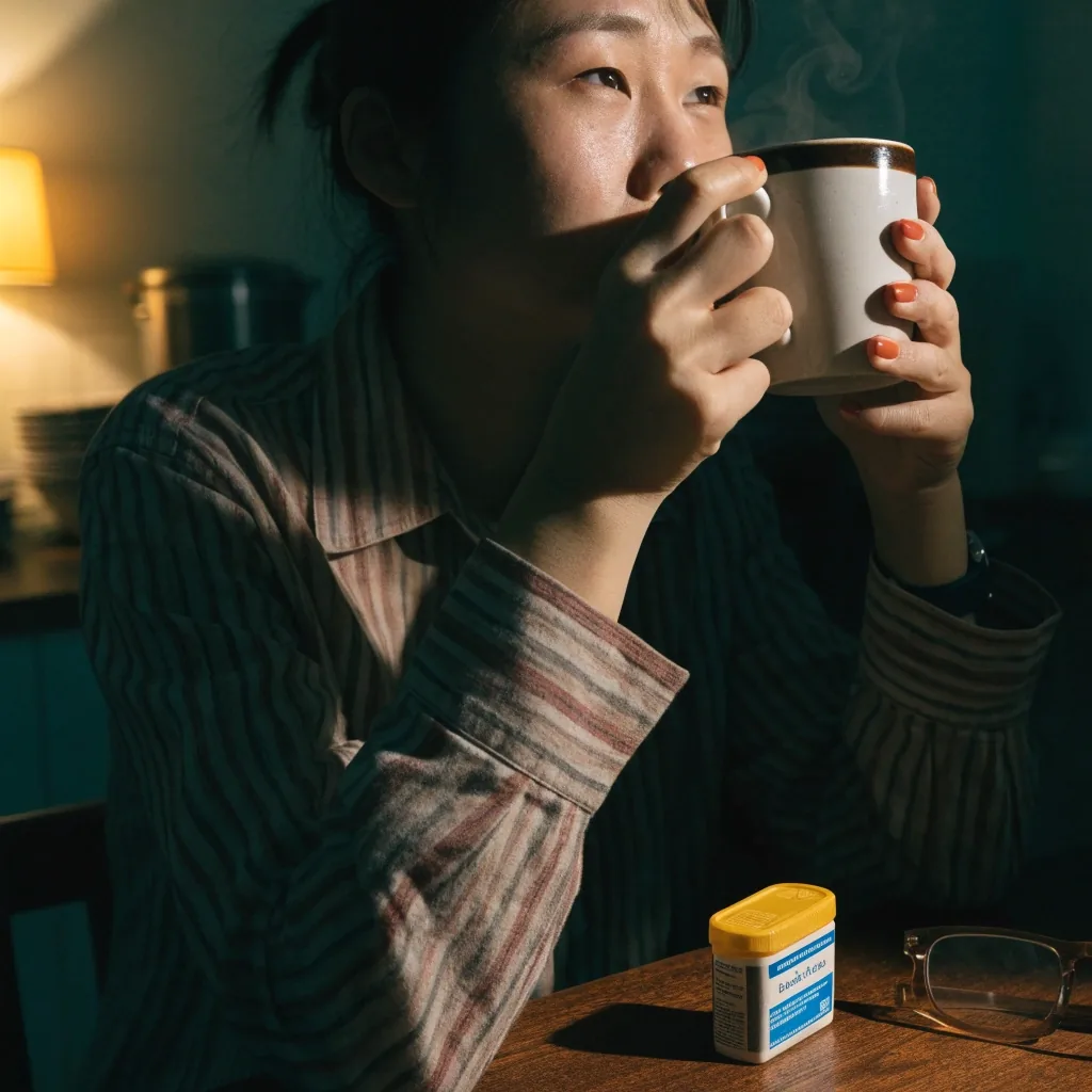 Hands turning the pages of a notebook beside a mug on a worktable in warm lamp light