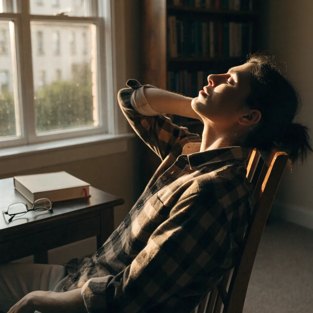 A person reading an open medical reference book at a table in warm late-afternoon window light