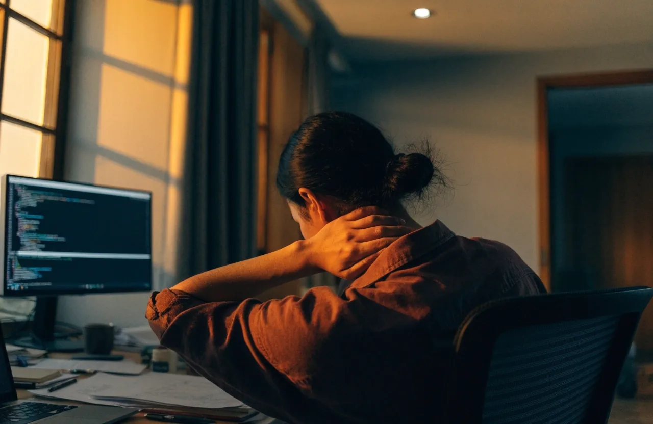 A person sitting at a desk at dusk, warm window light raking across the room while a monitor glows in front of them