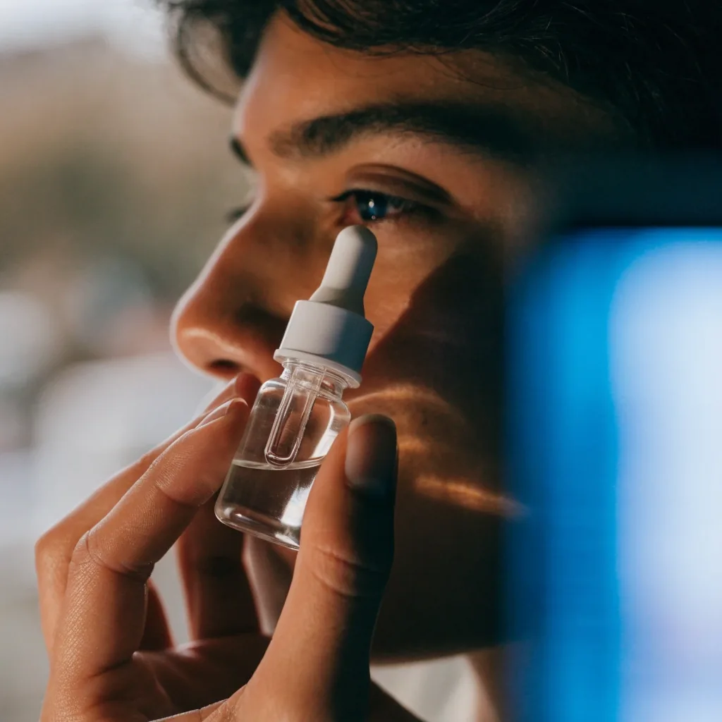 A single clear eye drop bead resting on a fingertip against warm window bokeh