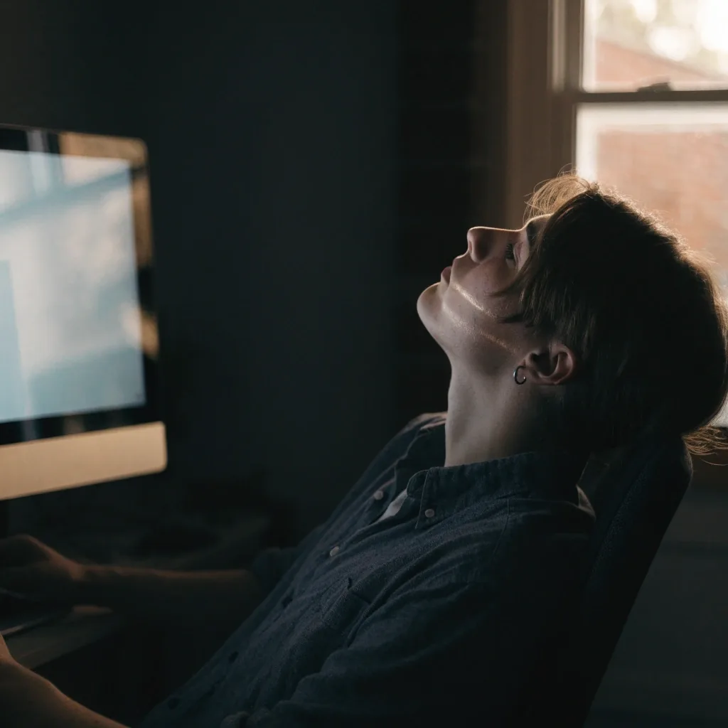 A tired person at a desk looking away from a glowing monitor toward a window at dusk