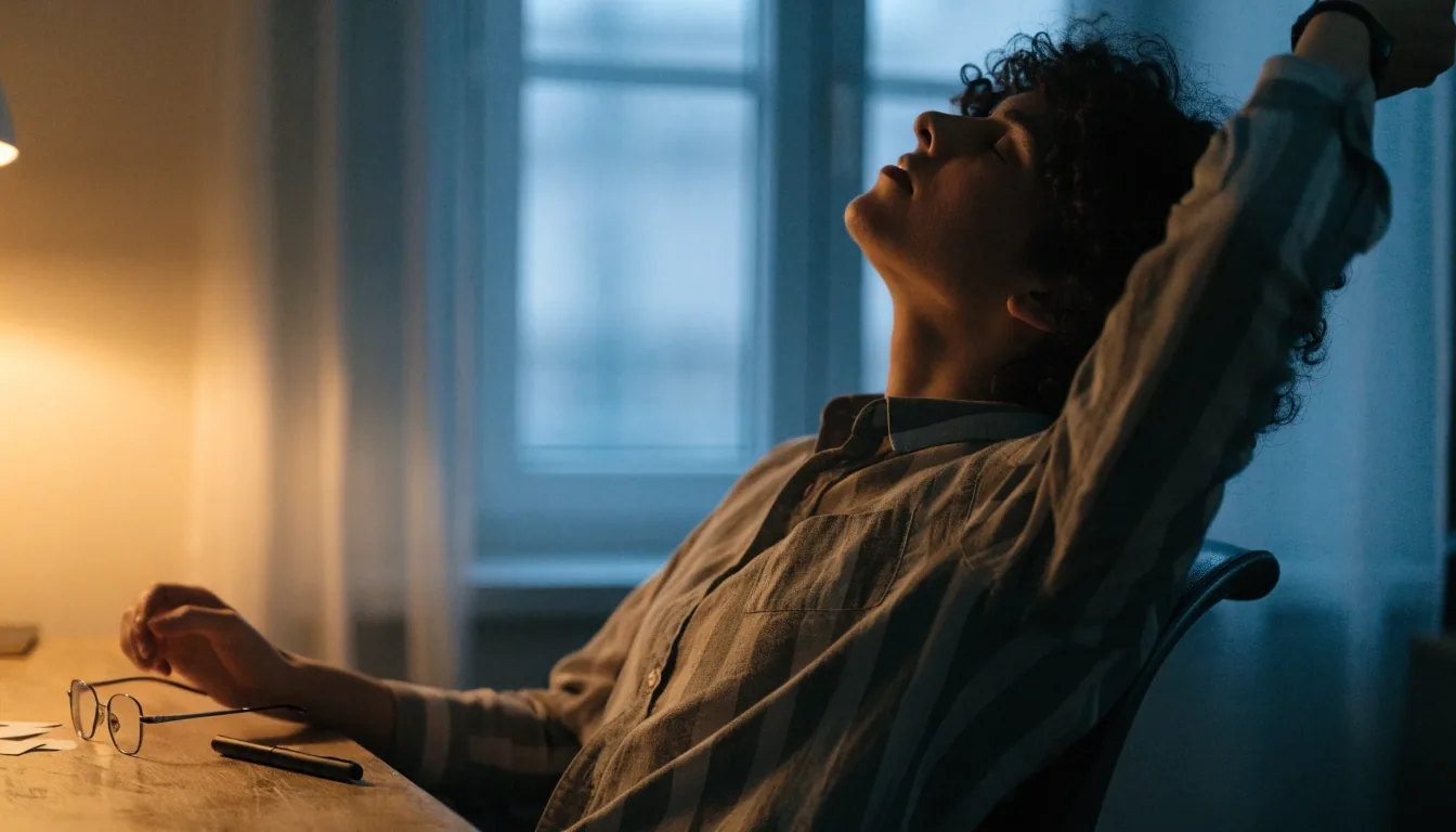A quiet dusk room with one desk lamp lit over an empty work surface and a closed laptop