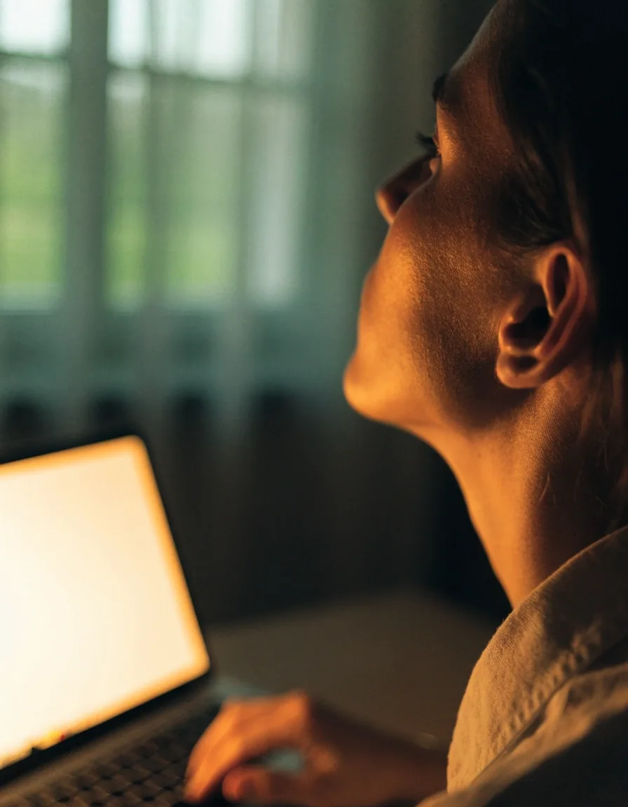 A person lifting their gaze from a close laptop screen toward a window across a warm evening room