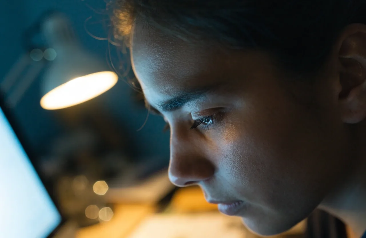 A person at a desk in the evening with warm window light and screen glare across the room