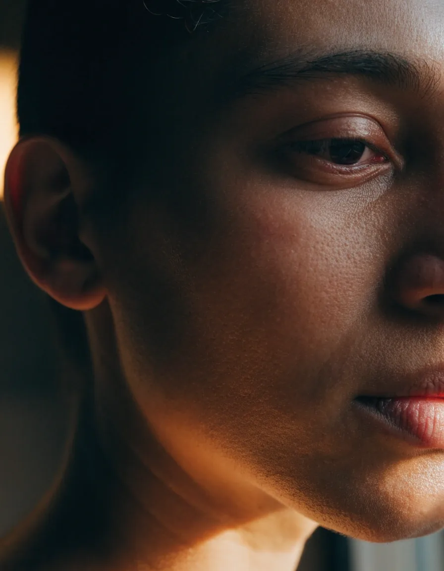A close view of a person's eye in warm light, half-closed and irritated at the rim