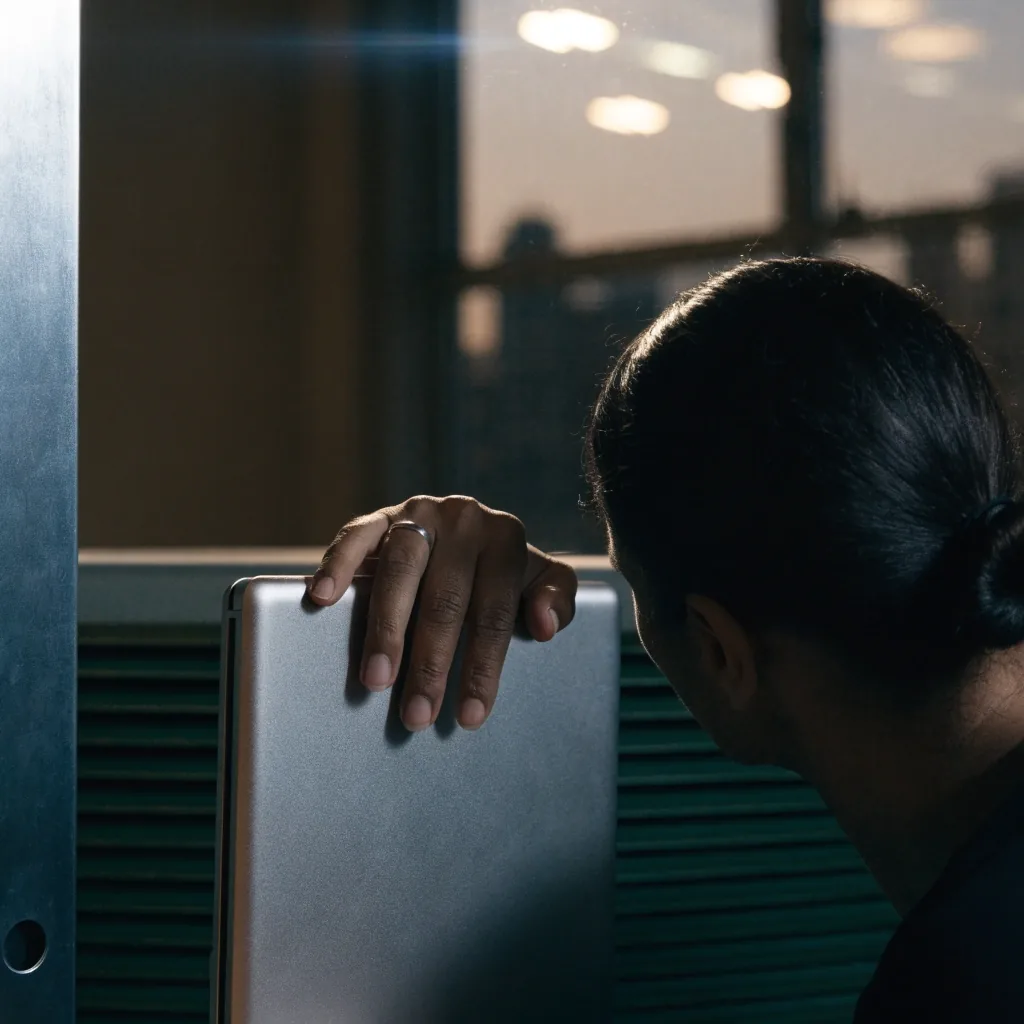 A hand closing a laptop lid while the person turns to look at an evening window