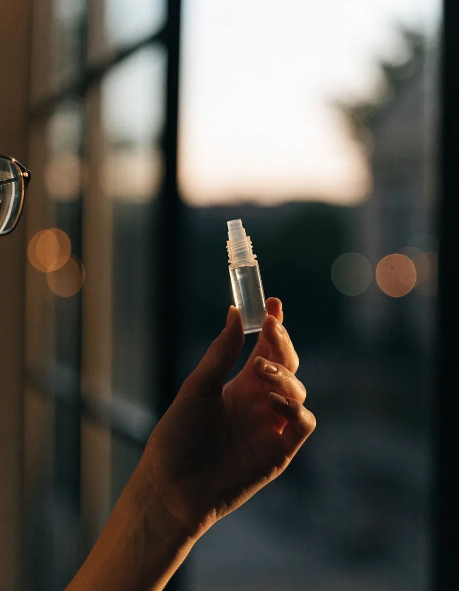 A hand holding a small eye drop bottle against the warm out-of-focus bokeh of an evening window