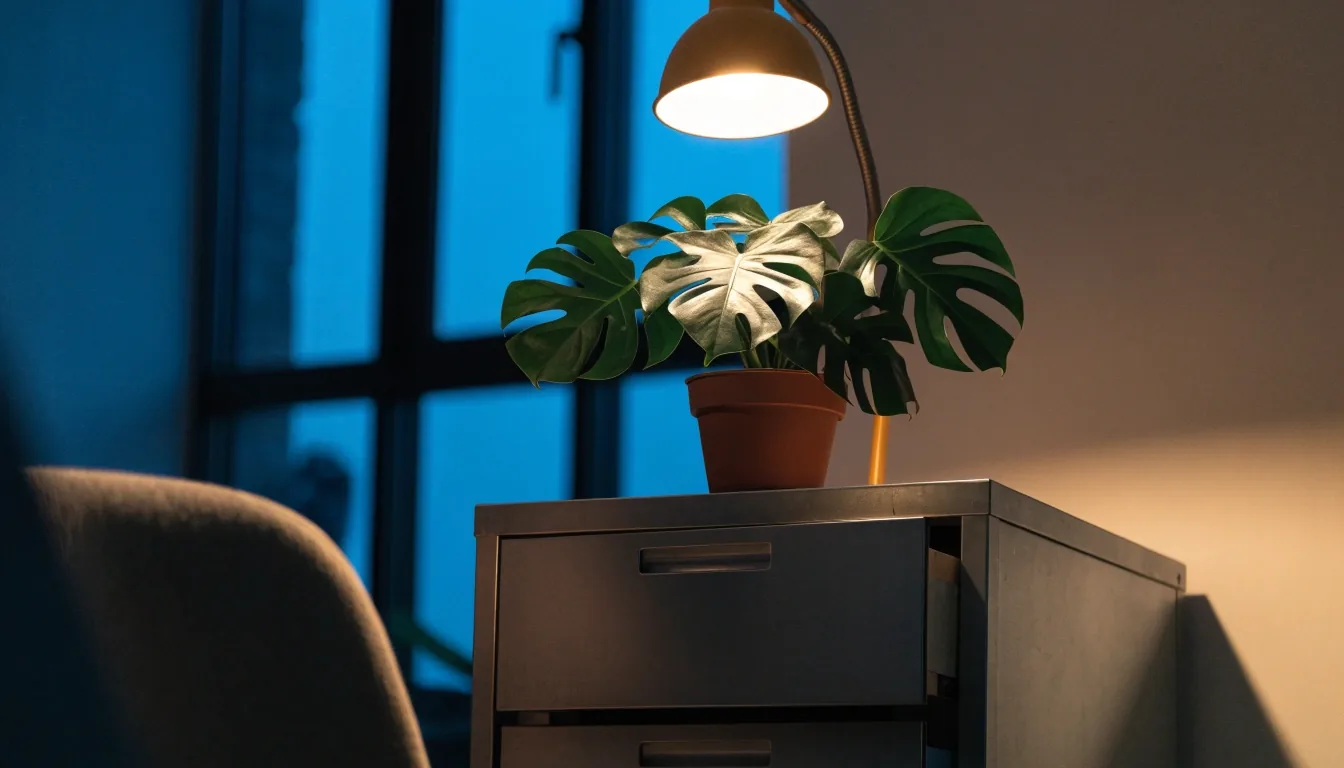 A quiet editorial workroom at dusk with one warm lamp lit and an empty desk across the room