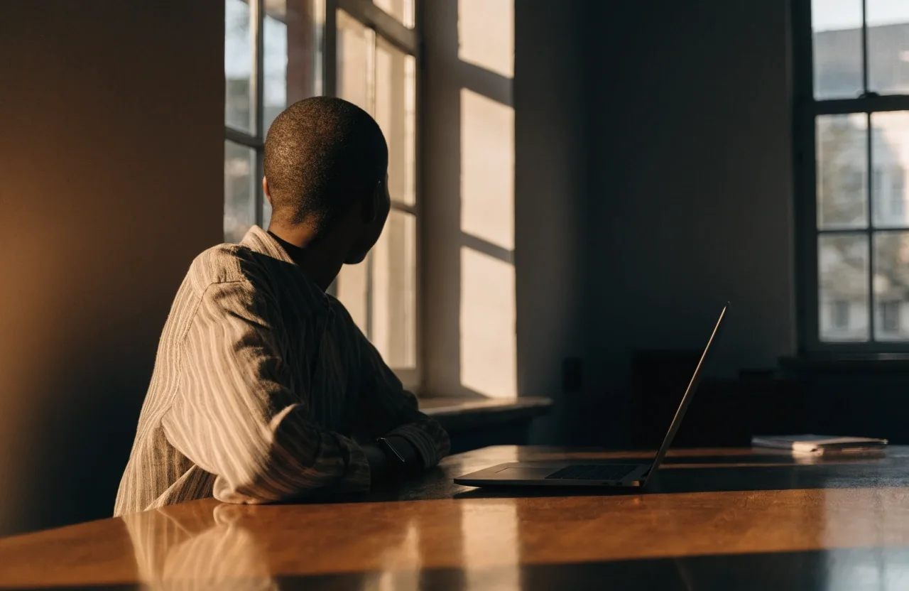 A person pausing with a laptop and looking away toward a light window