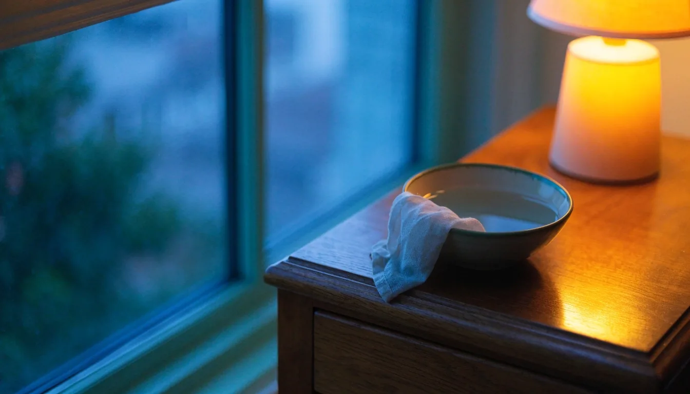 An empty desk beside a window at dusk with a warm lamp, folded eyeglasses and a closed laptop