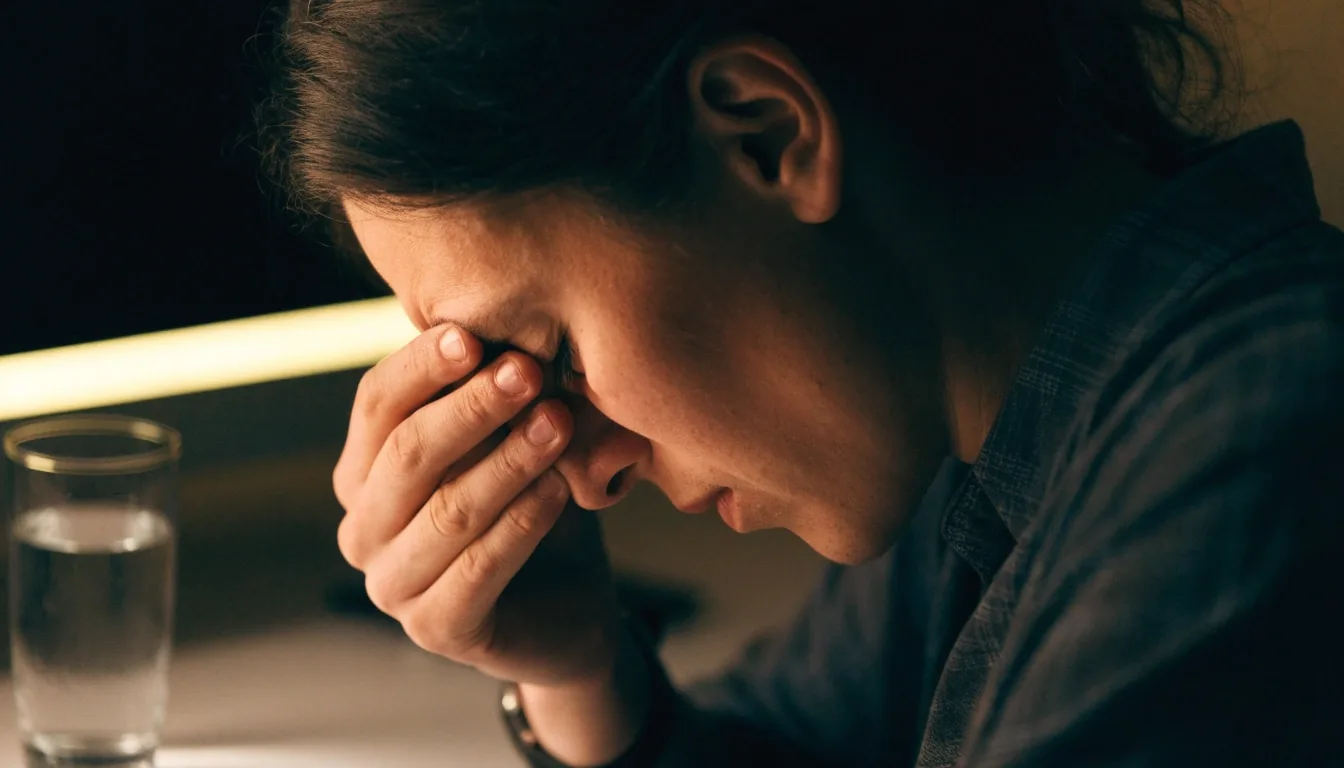 A person sitting at a desk in the low evening light, screen glare across the room, eye drops on the desk beside them