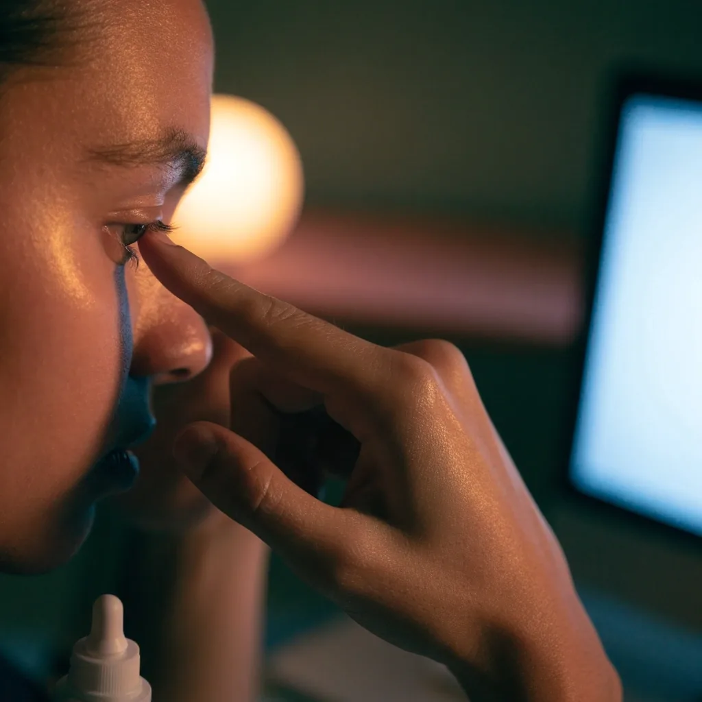 A drop of eye lubricant beaded on a fingertip in warm light