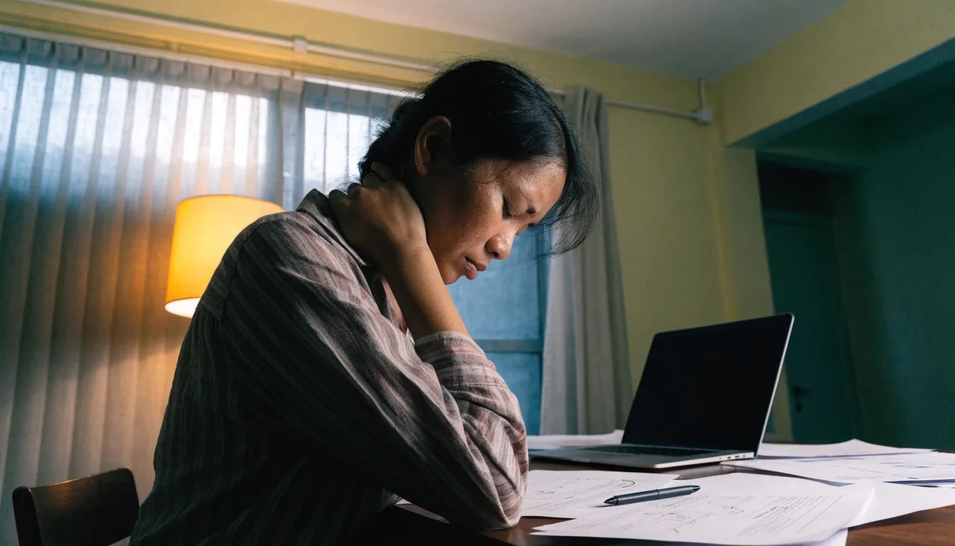 A person pressing a hand to the back of their neck after long hours at a screen