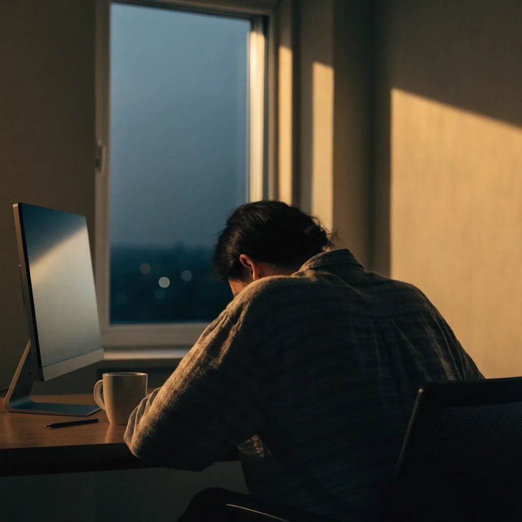 A person at a desk in a dim evening room, warm window light raking across the wall behind the monitor