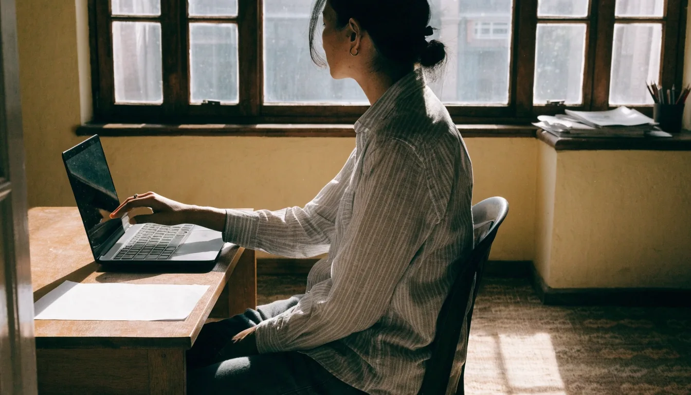 A hand lowering a laptop lid as the person looks away toward a window across the room