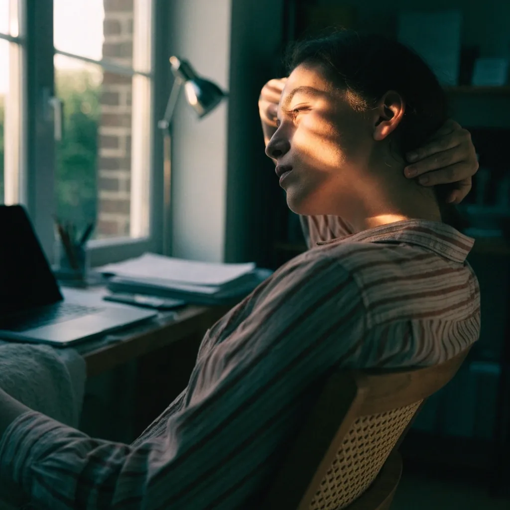 A hand resting on the back of a neck after a long stretch of screen work