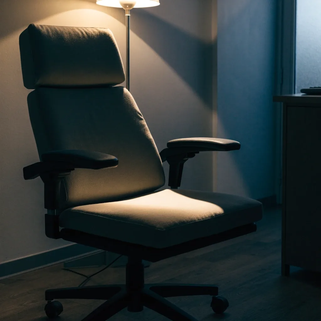 A quiet clinical room with an empty chair beside a lit examination lamp