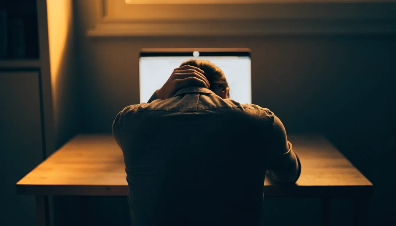 A person at a desk in warm evening light, shoulders pulled forward, hand resting at the back of the neck after long screen work