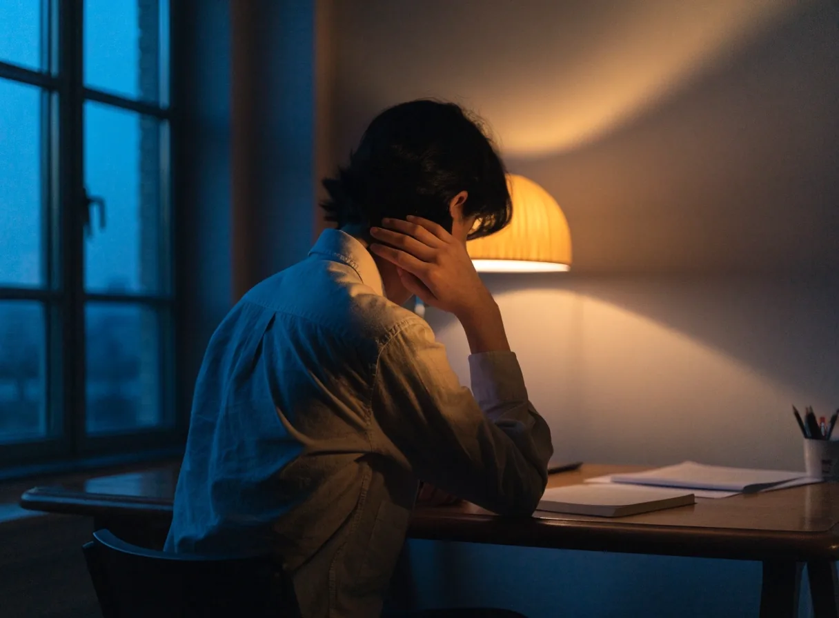 An empty desk at dusk with a single lamp on and a mug and folded glasses left on the surface