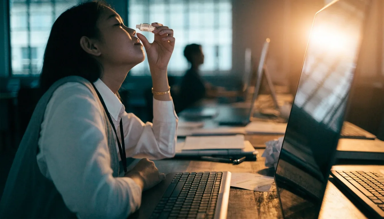 A person working at a desk in warm evening light, monitor glare across the room