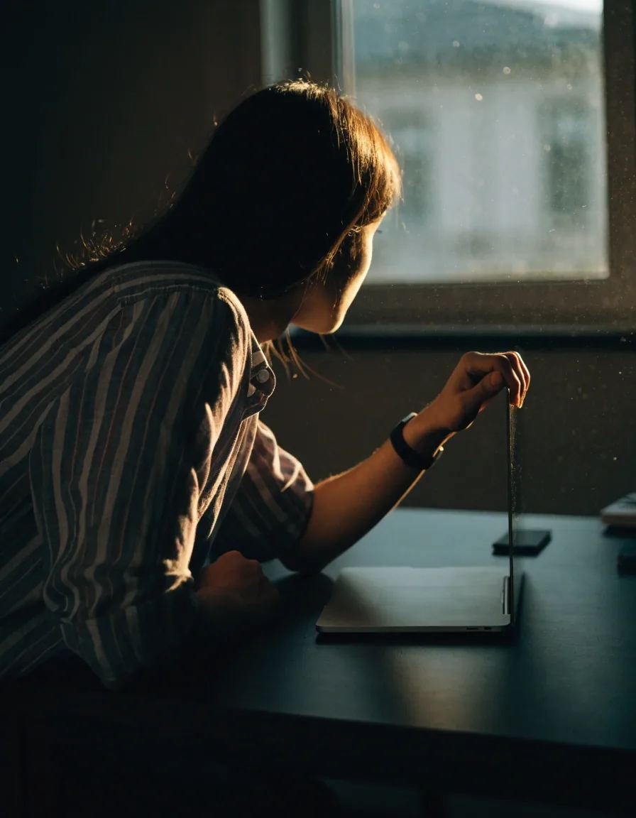 A person closing a laptop lid and looking away toward a window