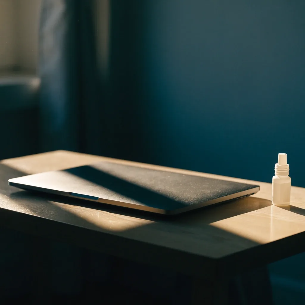 A closed laptop lid and a plain eye drop bottle on a desk in warm afternoon light