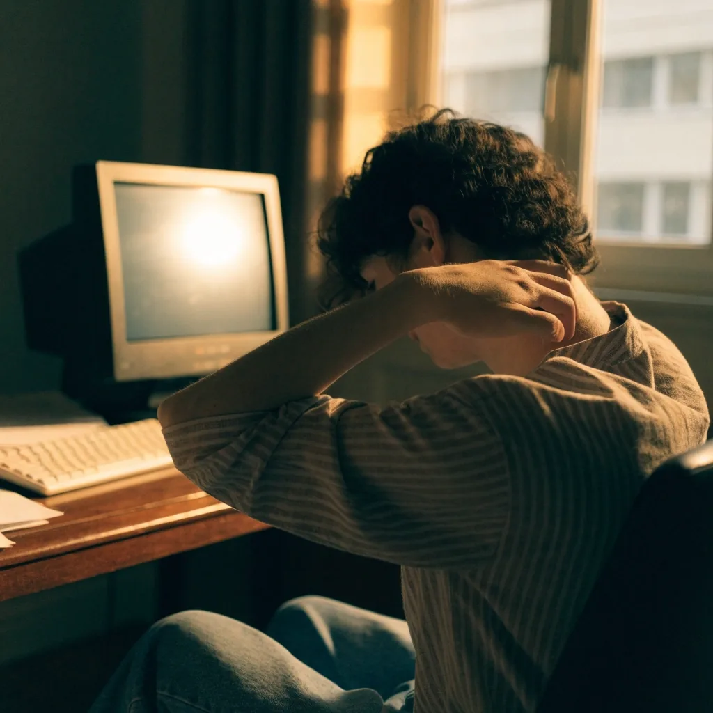A person pausing at their desk with a hand behind the neck after time at a screen