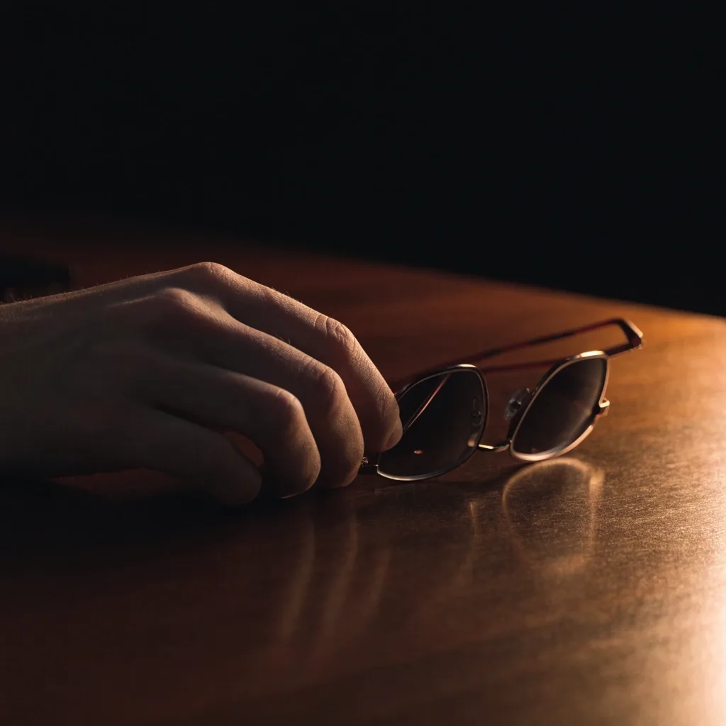 Folded reading glasses held loosely in one hand under evening light